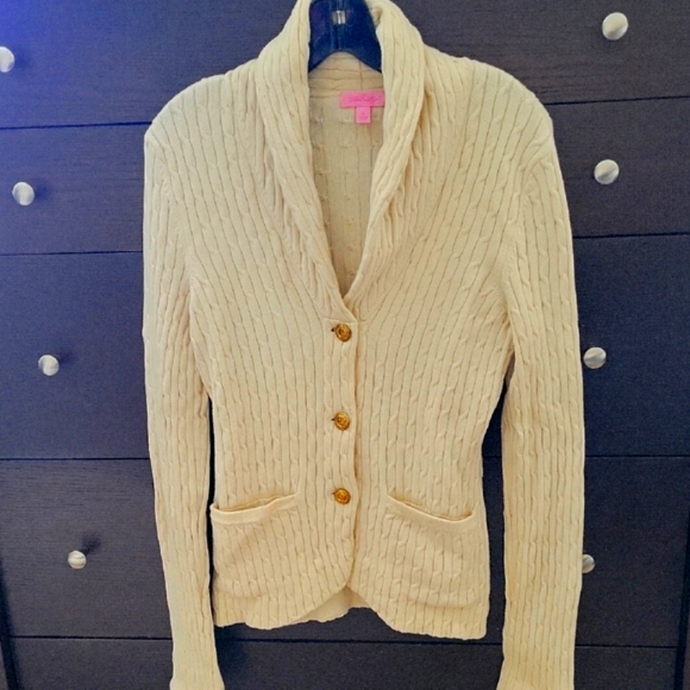 LILLY PULITZER Cream Cable Knit Cotton/Wool Blend Cardigan Gold Buttons Sz S